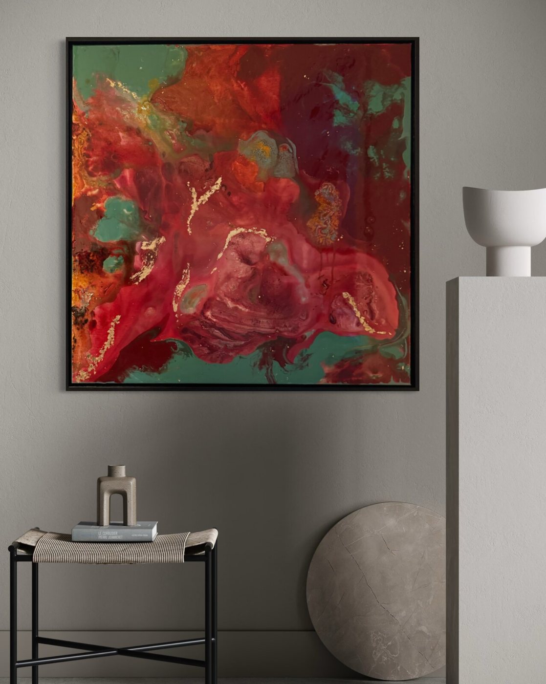 Bloodstone, abstract painting by Nina Masselink, 80 × 80 cm, resin finish, framed