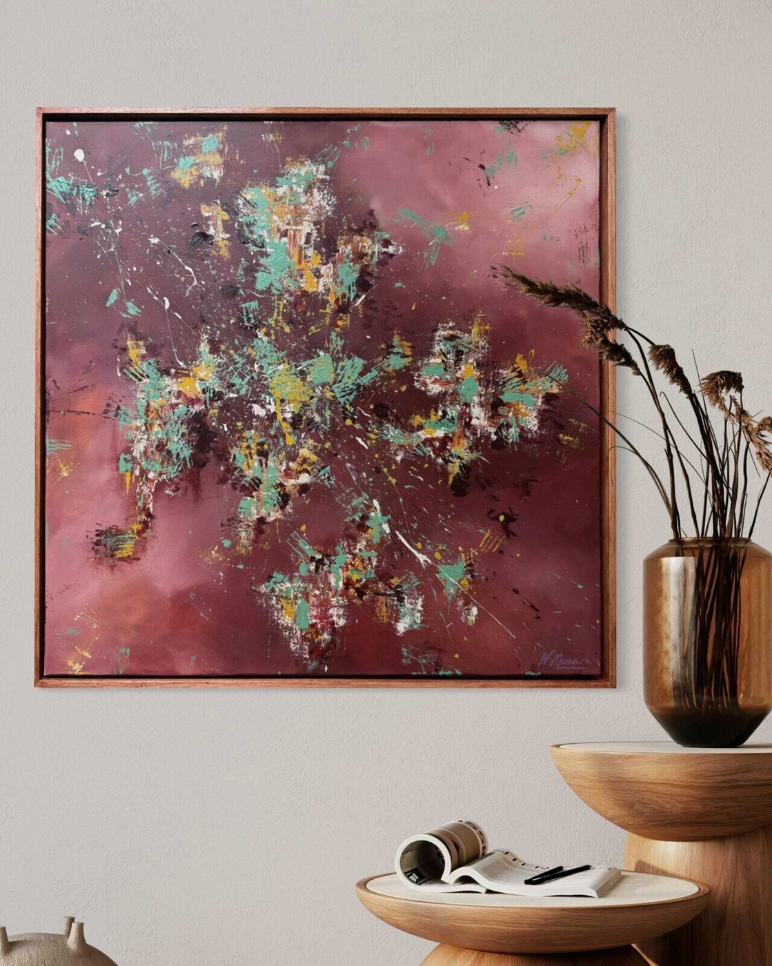 Riot, abstract painting by Nina Masselink, 80 × 80 cm, framed