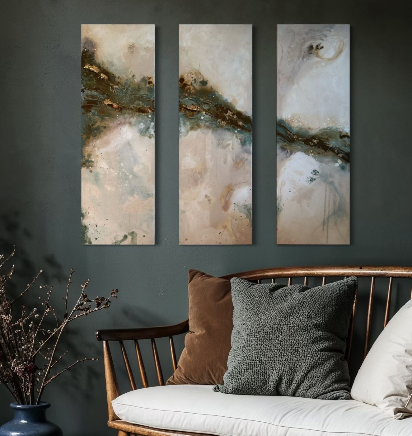 Silt, abstract triptych by Nina Masselink, 3 panels of 90 × 30 cm