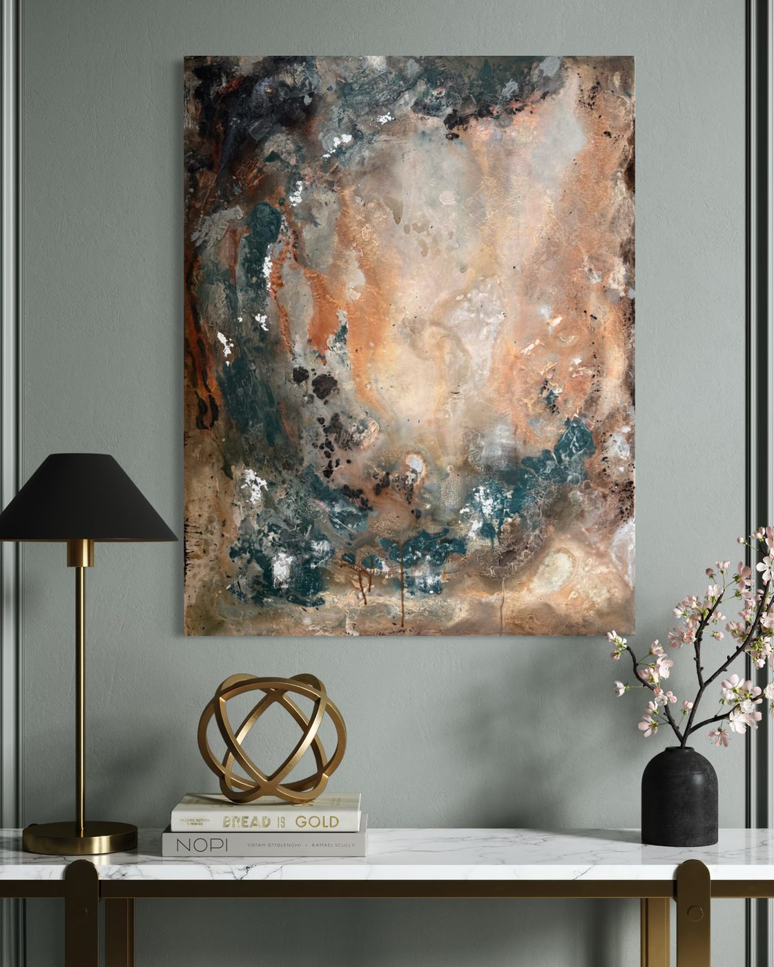 Tarnish, abstract painting by Nina Masselink, 90 × 70 cm