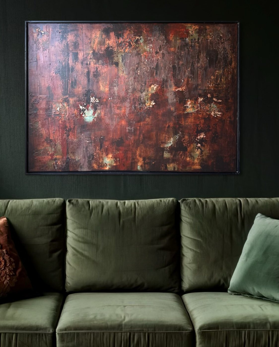 Verdigris, abstract painting by Nina Masselink, 70 × 100 cm, framed